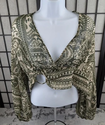 Zara 女式 XL 透明绿色佩斯利作物上衣袖口戒指细节波西米亚全新带标签 — 第 1/4 张图片