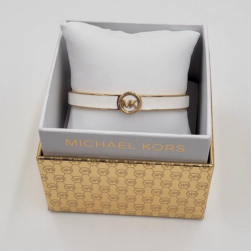 Bracciale Donna Michael Kors Haute Colore Oro Bianco Smalto Logo Bracciale $115 Nuovo con etichette