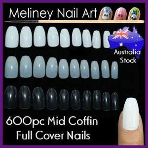 600pc Mid Coffin Ballerina Shape Full Cover Nails False Tips Length - Picture 1 of 8