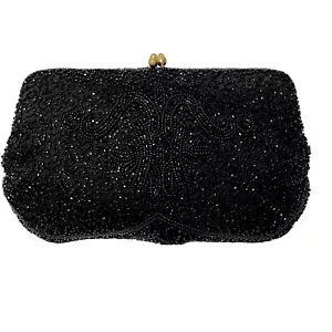 Vtg 50's Magid Black GLASS BEADS Purse HAND BEADED Satin FORMAL Cocktail Clutch - Picture 1 of 8