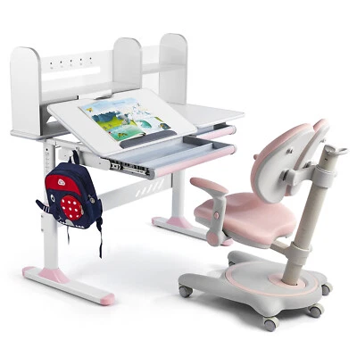 Rosa Ajustable Ergonómico Niños Escritorio de Estudio Mesa Apoyabrazos Juego de Silla con Cajón,Estante Foto 1 de 4