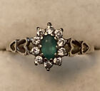 9ct Gold Emerald & Cubic Zirconia Ring - Size O - Cluster Halo