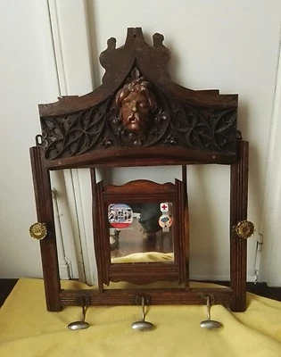 Porte manteau vestiaire composite patères miroir bois bronze éléments rapportés - Photo 1/4