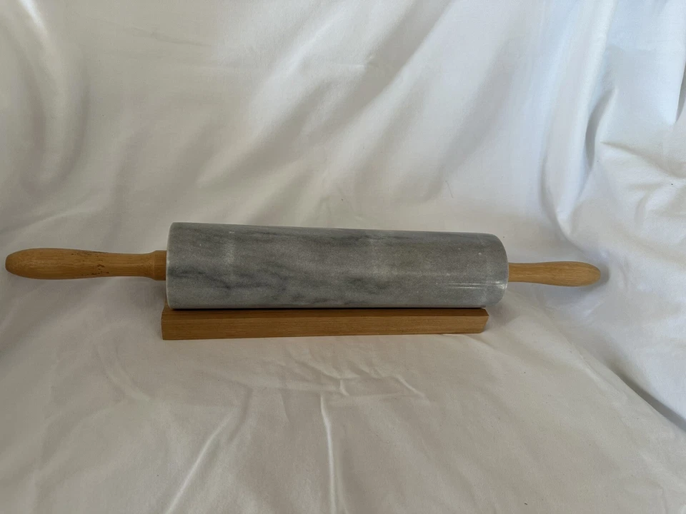 10" White & Grey Marble Rolling Pin with Wood Handles and Base - Изображение 1 из 4