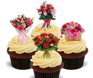 Flowers Bouquet Edible Cup Cake Toppers, Standup Decorations Birthday Mum Female - Picture 1 of 4
