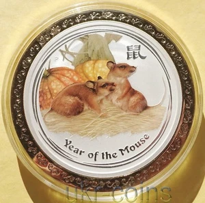 2008 Australia Lunar $8 Year of the Mouse 5 Oz Silver Color Coin Rat Golden Ring - Picture 1 of 12