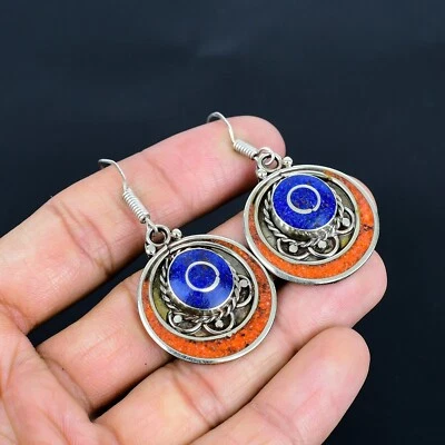 Unico Lapis Lazuli & Corallo 925 Argento Sterling Nepali Gioielli Orecchini Per - Immagine 1 di 4