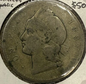 1897 Dominican Republic Un Peso Silver Coin Central America 1 Peso - Picture 1 of 4
