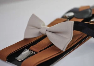 Begie Sand Pale Brown Bow tie bowtie + Tan Brown Elasitc Suspenders Braces - Picture 1 of 19