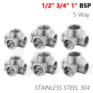 1/2 3/4 1" BSP Thread Stainless Steel 5 Way Cross Elbow Connector Pipe Fittings - Picture 1 of 14