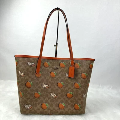 COACH City Tote Bag In Signature Canvas With Orange Print CAL74 Gold/Tan NWT - Image 1 of 4