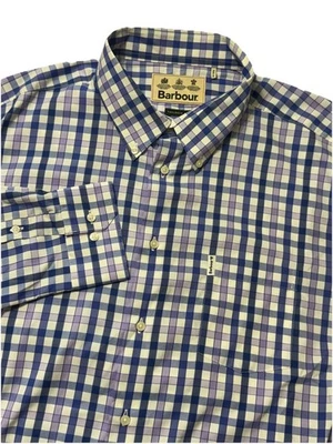 Barbour Hombre Ligero Manga Larga Botón Corto Púrpura Azul Cuadros XXL Foto 1 de 4