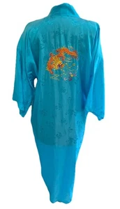 Satin Embroidered Blue Robe Colorful Dragon Size Medium No Belt Minor Flaw - Picture 1 of 15