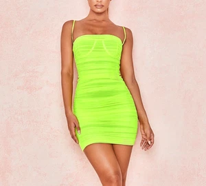 Mini Vestido House of CB London Ella Verde Neón Acanalado Bodycon Talla Mediana - Imagen 1 de 9