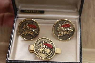 Swank Cufflinks + Tie Clip  Imperial Gold Round Jouster w/ Red Men Formal Wear - Image 1 of 4