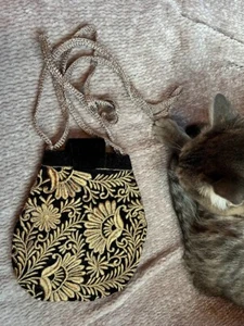 bag purse pouch black & gold damask 7"x7" pull string snap small opening 7" - Picture 1 of 4
