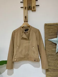 Dorothy Perkins Tan Soft Faux Leather Suede Zip Biker Bomber Jacket Size UK 10 - Picture 1 of 5