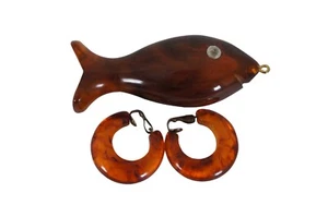 4 Pezzi Braccialetto Bachelite Radice Ambra Birra Orecchini Cerchio Ciondolo Pesce MCM - Foto 1 di 12