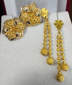 NEW 21K 875 Real Gold Flower Earring & 22K Beads Balls Earring 6.3g Set of Two - Picture 1 of 20