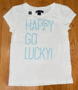 GAP KIDS: Girl's White T-Shirt w/ Blue wording " Happy Go Lucky", Size S (6-7) - Picture 1 of 5
