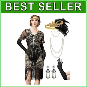 Elegant 1920s Flapper Dress with Beaded Sleeves & Accessories for Women - Picture 1 of 8