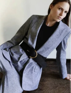 ZARA Women's Open Front Cotton Linen Blue Twill Blazer Sz Medium - Picture 1 of 10