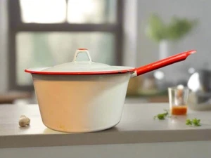 Enamelware, 5" x 4.5" Saucepan & Lid, White with Red Trim, Rustic Farmhouse - Picture 1 of 7