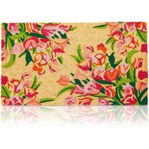 Floral Natural Coir Nonslip Welcome Door Mat (Pink, Orange, Green, 17 x 30 in) - Picture 1 of 8