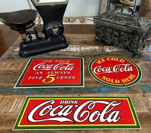 Lot Of Vtg Coca-Cola Porcelain Signs 18x6", 13x10.5", 11.75" Diameter Nice Cond! - Picture 1 of 18