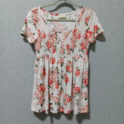 Camisa Bobbie Brooks Mujer Pequeña Blanca Floral Calada Babydoll Peplum Elastizada Foto 1 de 4