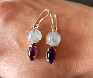 925 Sterling Silver Genuine Cabochon Moonstone & Amethyst Drop Earrings - Picture 1 of 4