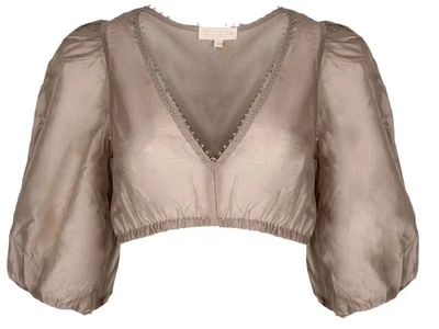 Krüger Dirndlbluse Mele halbarm schilf V-Ausschnitt Puffarm transparent - Bild 1 von 3