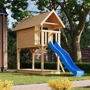 Stelzenhaus Kinderspielhaus Spielturm Gernegroß natur mit Rutsche blau 120x244cm - Bild 1 von 11