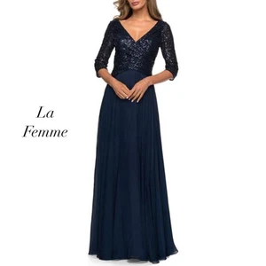 La Femme Mother of the Bride Blue Chiffon Sequin 3/4 Sleeve A-Line Gown Size 6 - Picture 1 of 14