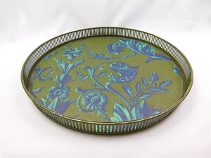 Vintage 60s MCM Round Serving Tray Floral Green Metal Frame 14" Diam - Picture 1 of 8