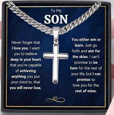 Collar Colgante Cruz "A Mi Hijo" Acero Inoxidable Cadena Cubana Joyería Con Caja Foto 1 de 4