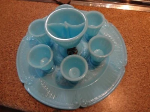 Antique Portieux Vallerysthal Blue Opaline Egg Cup Set w Rare Salt & Pepper - Bild 1 von 18