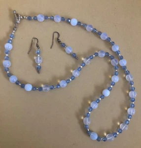 Blue Bubble Bead Necklace with Threaded Earrings Set 3 Pieces Toggle Closure - Picture 1 of 4
