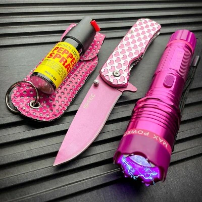 STINGTEC Tactical Stun Gun Flashlight + Pocket Knife + Pepper Spray Self Defense KIT PINK