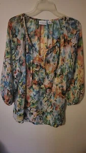 Liz Claiborne Mujer Transparente PXL Floral Verde azulado Corbata Cuello Manga 3/4 30 L 25 A través de F - Imagen 1 de 24