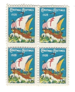 ERROR 1928 MINT CHRISTMAS SEALS STAMP BLOCK WITH COLOR AND PERFORATION SHIFT - Picture 1 of 2