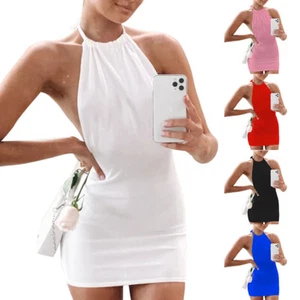 Women's Backless Halter Neck Bodycon Sexy Mini Dress Evening Party Club Dresse ↷ - Picture 1 of 19