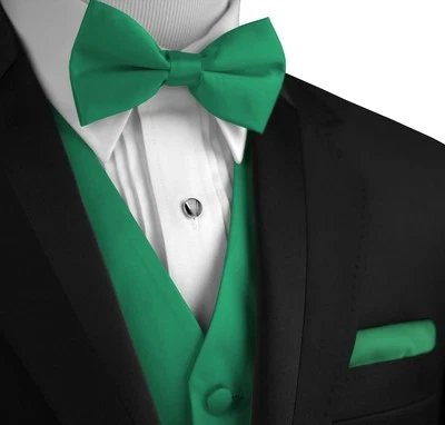 Men's Solid Satin Tuxedo Vest, Bow-Tie and Hankie Set. Formal Dress Wedding Prom - Image 1 of 2