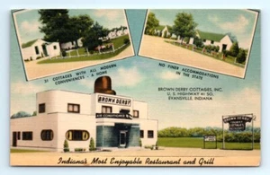 1940s Linen IN Postcard Brown Derby Cottages Restaurant Evansville Motel - Picture 1 of 2