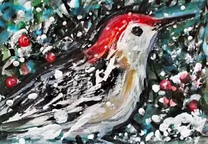 PINTURA ORIGINAL ACEO Pájaro carpintero de vientre rojo invierno AVE nieve animal naturaleza ARTE - Imagen 1 de 1