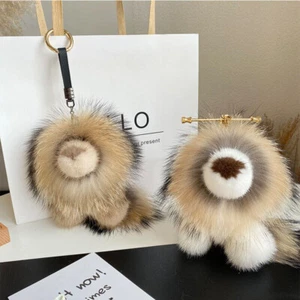 Cute Lion Real Mink Fur Key Chain Women Bag Charm Pendant Car Key Ring Plush Toy - Picture 1 of 12