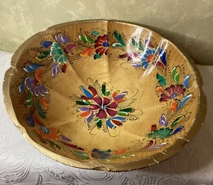 Vintage Carved Wood Bowl Hand Painted with Flowers 13.5 Inches - Picture 1 of 5
