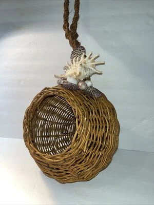 VTG Retro MCM Hanging Woven Wicker Basket Planter Pot Shells Tiki Bar Luau Decor - Image 1 of 4