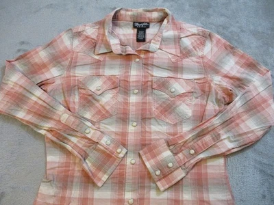 Camisa Wrangler retrô feminina pequena rosa xadrez pérola encaixe cowboy faroeste rodeio - Imagem 1 de 4
