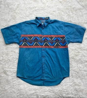 Camisa De Colección Bugle Boy Años 90 Azul Geométrico Azteca Manga Corta Algodón Abotonado 1XLT Foto 1 de 4